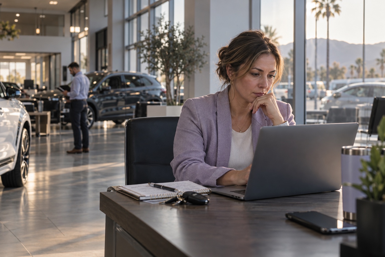 Sales manager reviewing an inquiry at a dealership