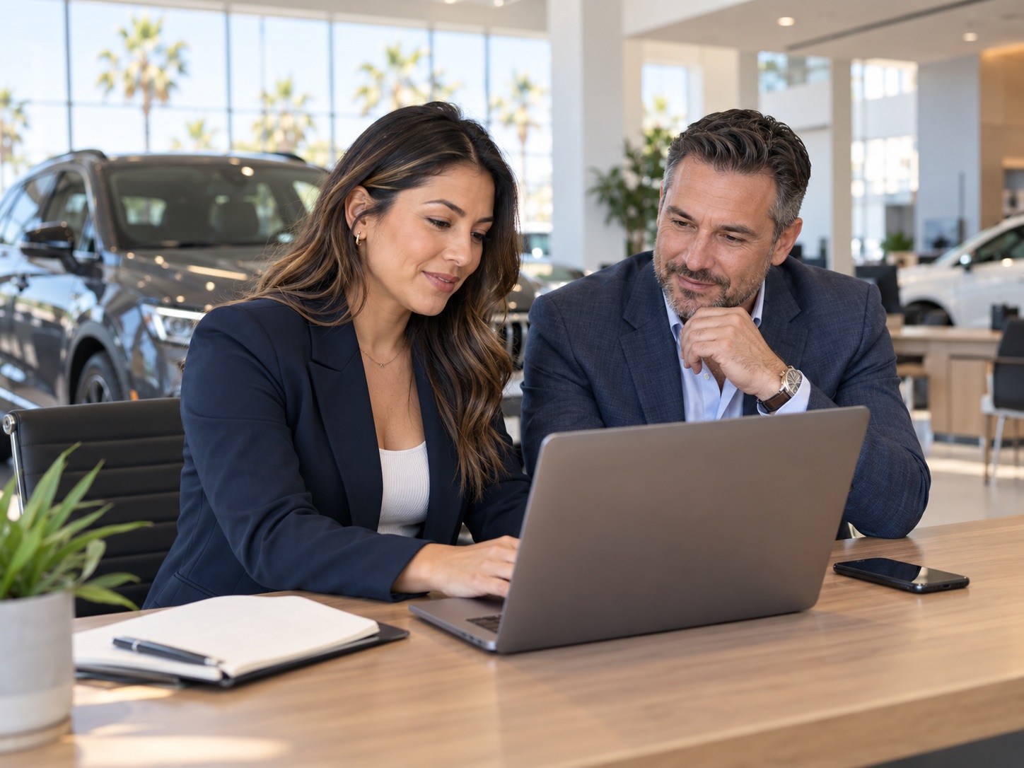 Dealership team reviewing customer visits